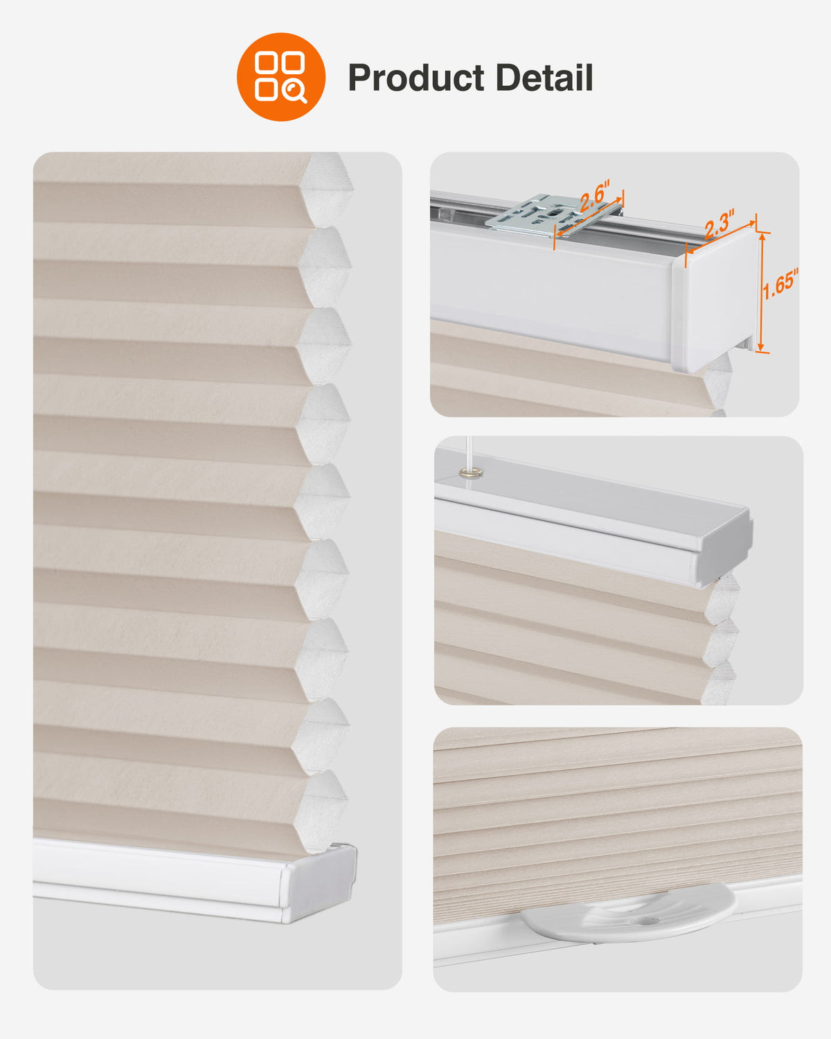 Taupe top-down bottom-up cellular honeycomb shade: headrail, fabric and bottom rail details