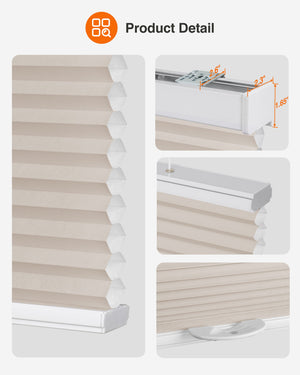 Taupe top-down bottom-up cellular honeycomb shade: headrail, fabric and bottom rail details