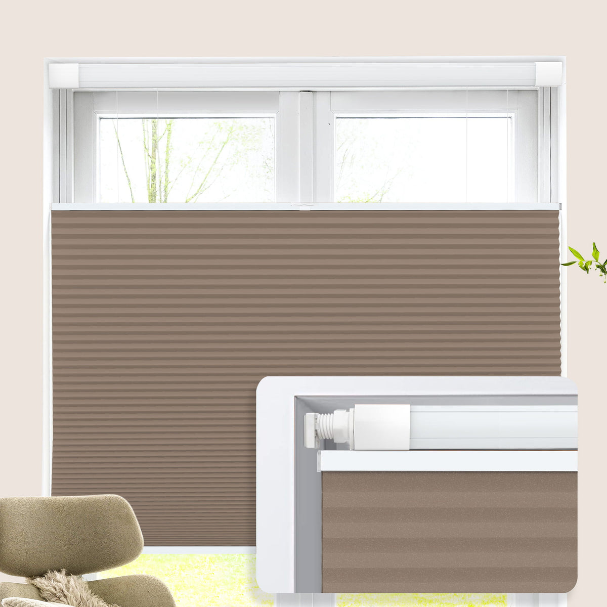 Brown top-down bottom-up no-drill cellular honeycomb shade: on a window