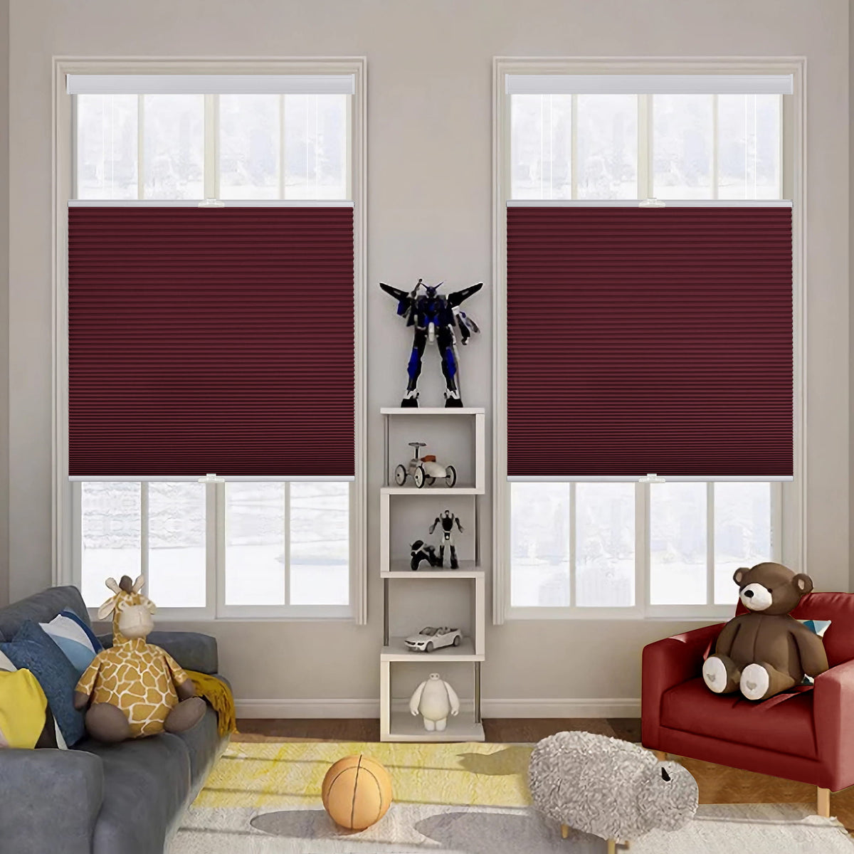 Burgundy top-down bottom-up cellular honeycomb shade: on paired windows