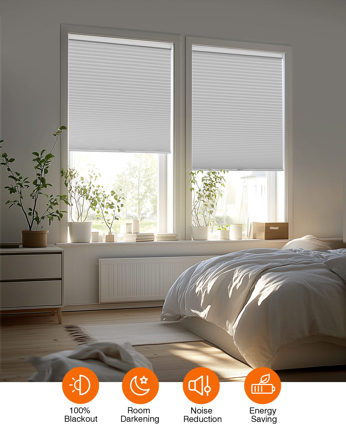 Gray cellular honeycomb shade: in a furnished room