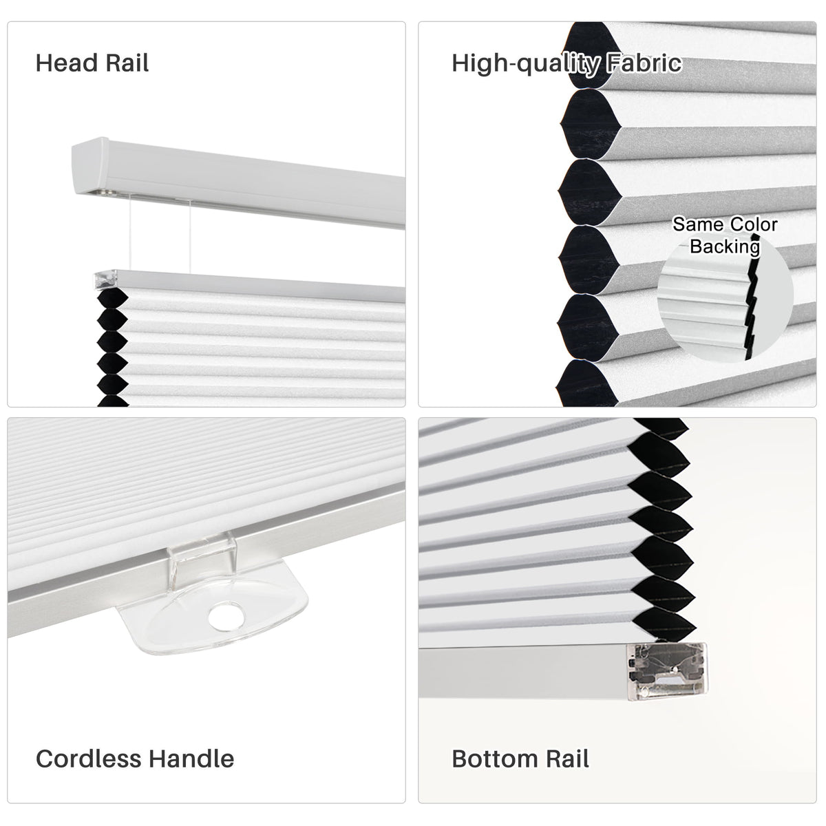 White top-down bottom-up cellular honeycomb shade: headrail, fabric and bottom rail details