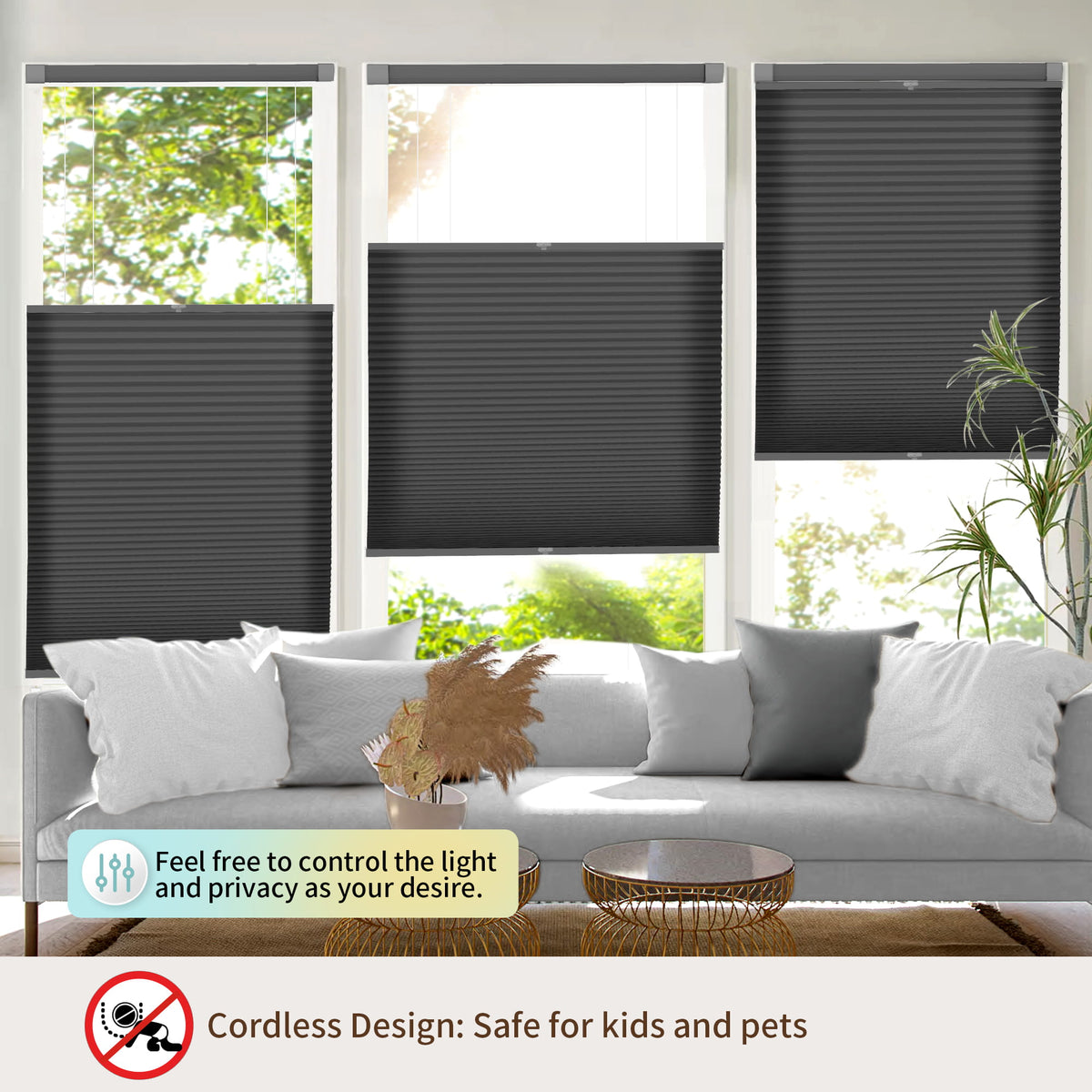 Black top-down bottom-up no-drill cellular honeycomb shade: above a window seat