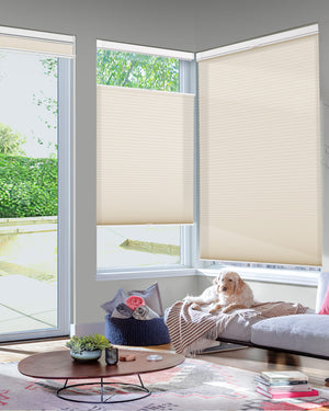 Cream top-down bottom-up no-drill cellular honeycomb shade: in a furnished room