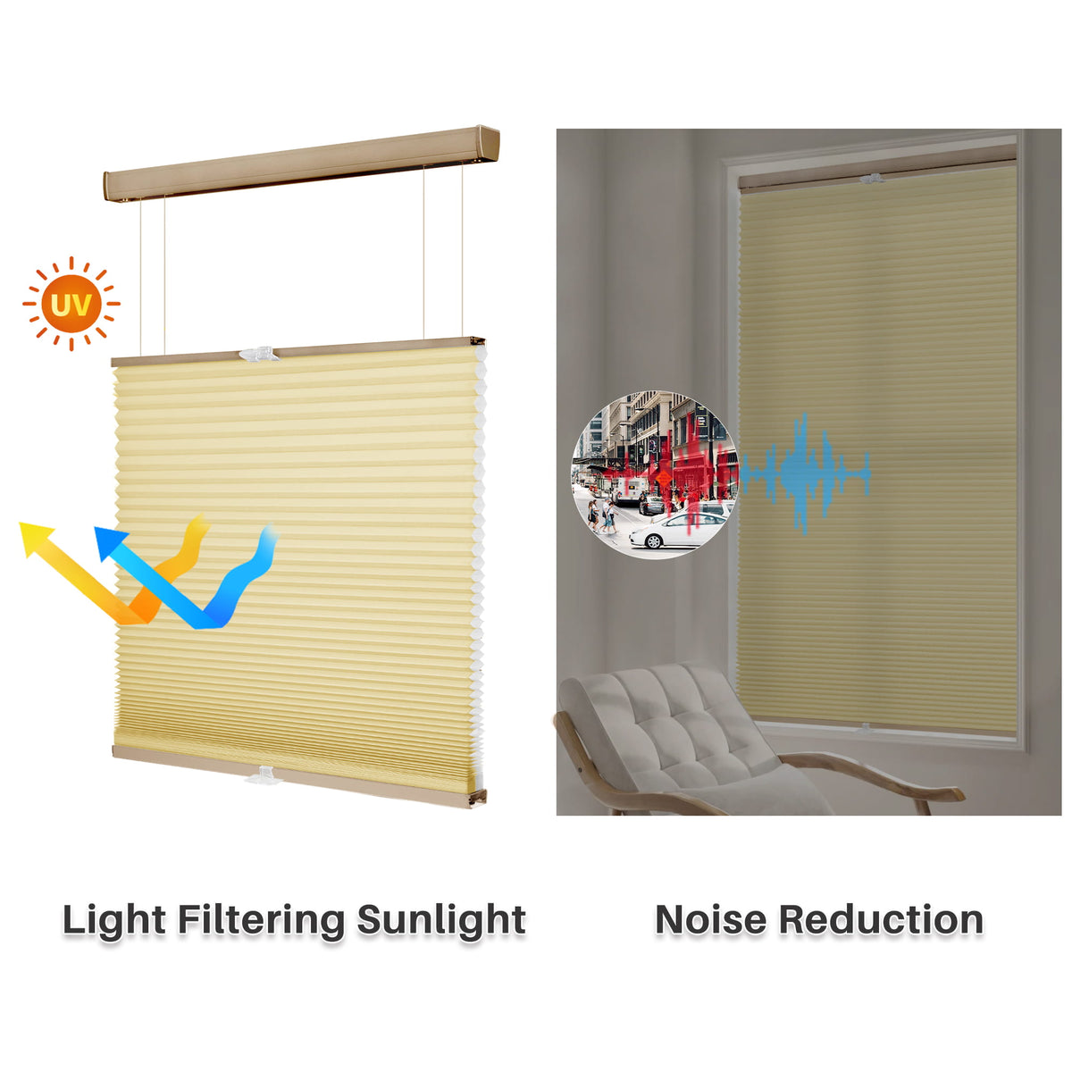 Yellow top-down bottom-up cellular honeycomb shade: comparison of light passing through the fabric