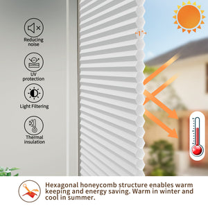 Gray top-down bottom-up no-drill cellular honeycomb shade: honeycomb cell cross-section and heat-flow illustration