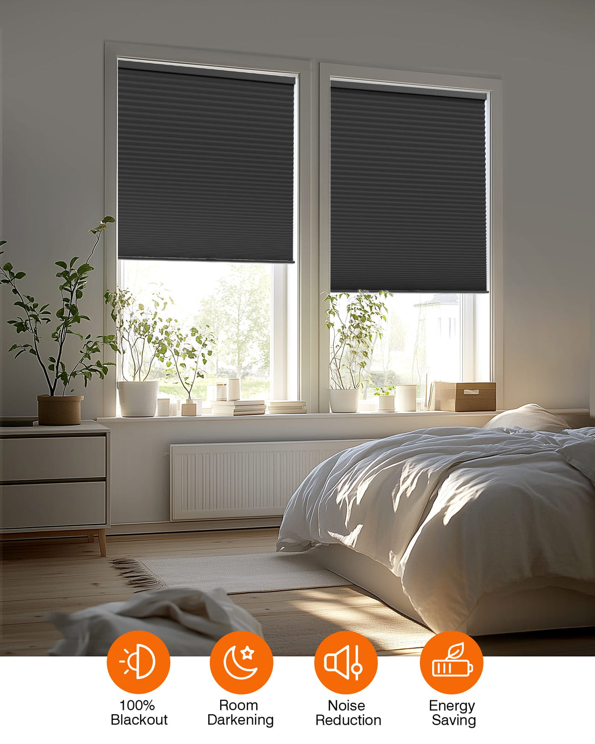 Black cellular honeycomb shade: in a furnished room