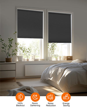 Black cellular honeycomb shade: in a furnished room