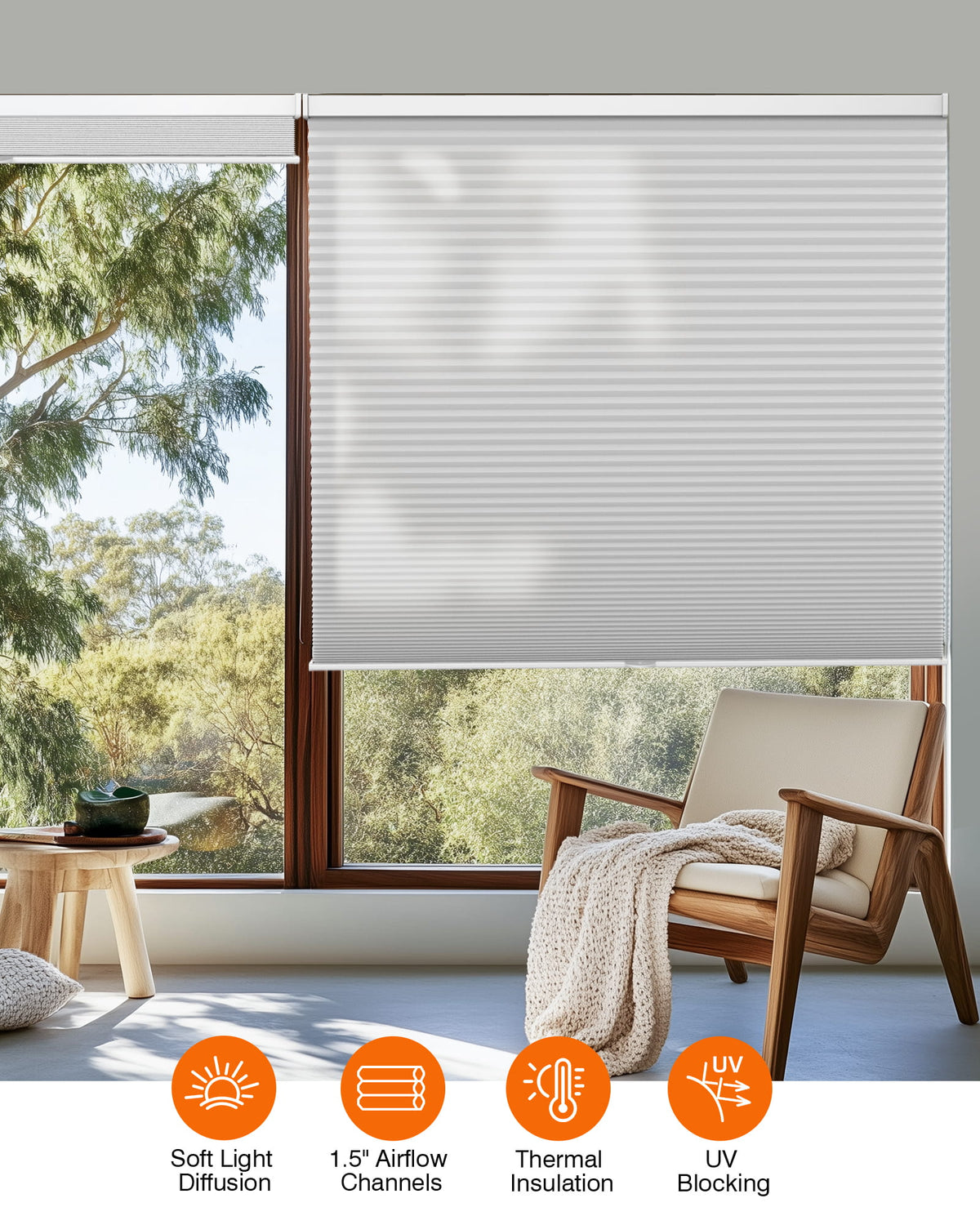 Gray cellular honeycomb shade: in a furnished room