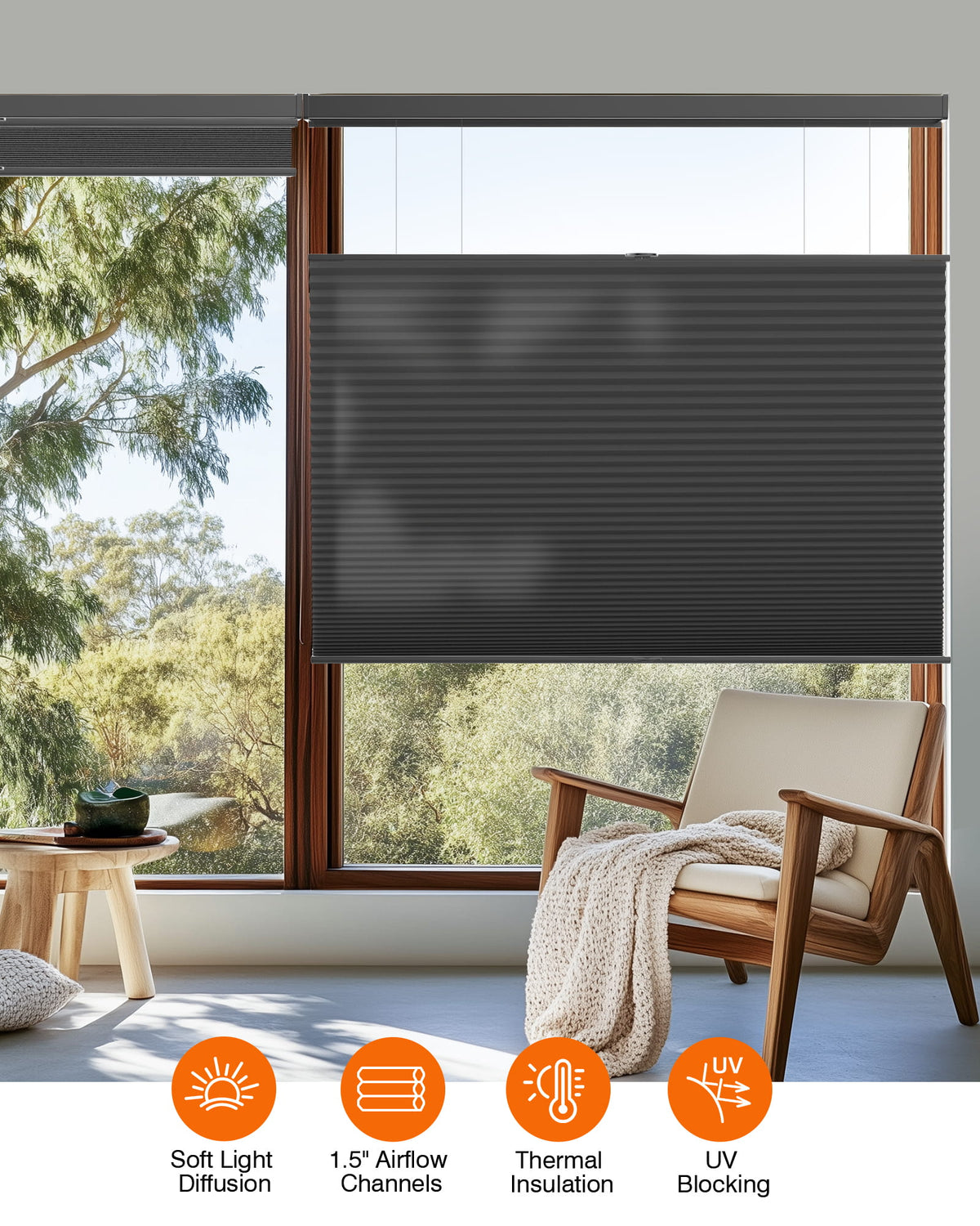 Black top-down bottom-up cellular honeycomb shade: in a furnished room