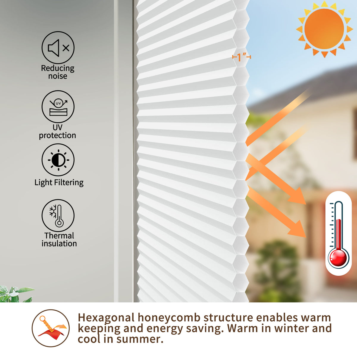 Light gray top-down bottom-up no-drill cellular honeycomb shade: honeycomb cell cross-section and heat-flow illustration
