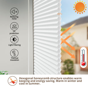 Light gray top-down bottom-up no-drill cellular honeycomb shade: honeycomb cell cross-section and heat-flow illustration