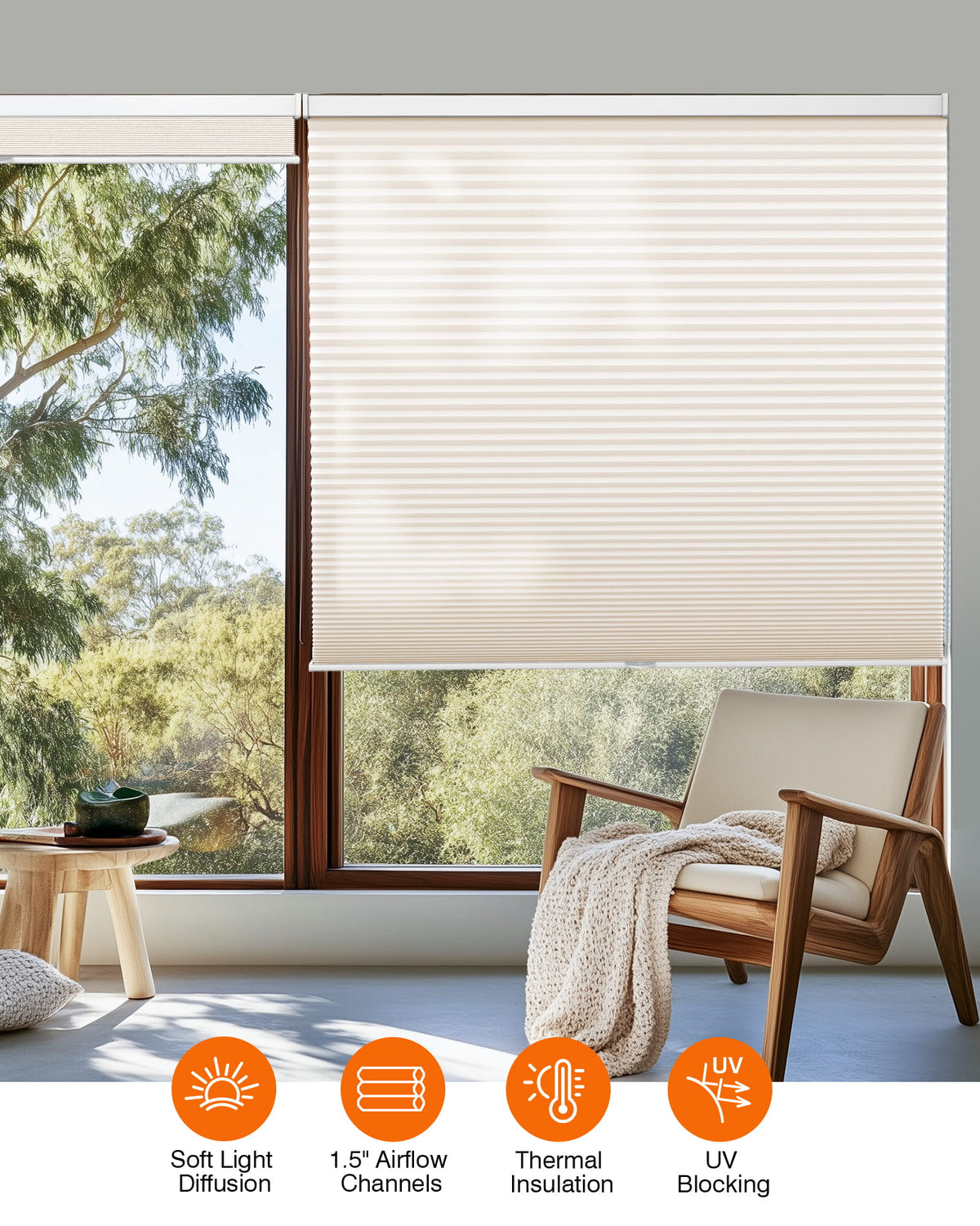 Cream cellular honeycomb shade: in a furnished room