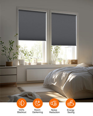 Dark gray cellular honeycomb shade: in a furnished room