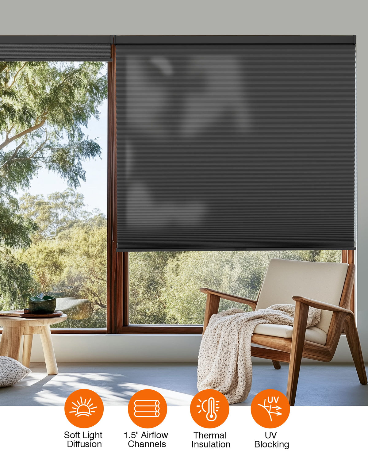 Black cellular honeycomb shade: in a furnished room
