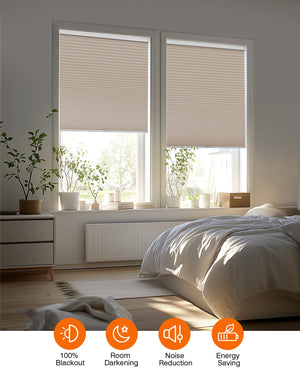 Taupe cellular honeycomb shade: in a furnished room
