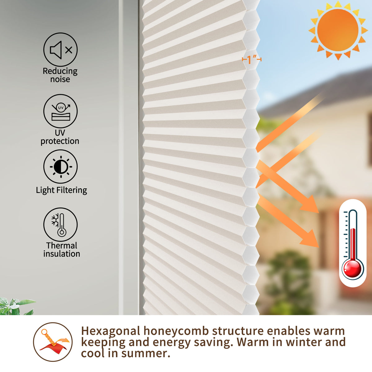 Beige top-down bottom-up no-drill cellular honeycomb shade: honeycomb cell cross-section and heat-flow illustration