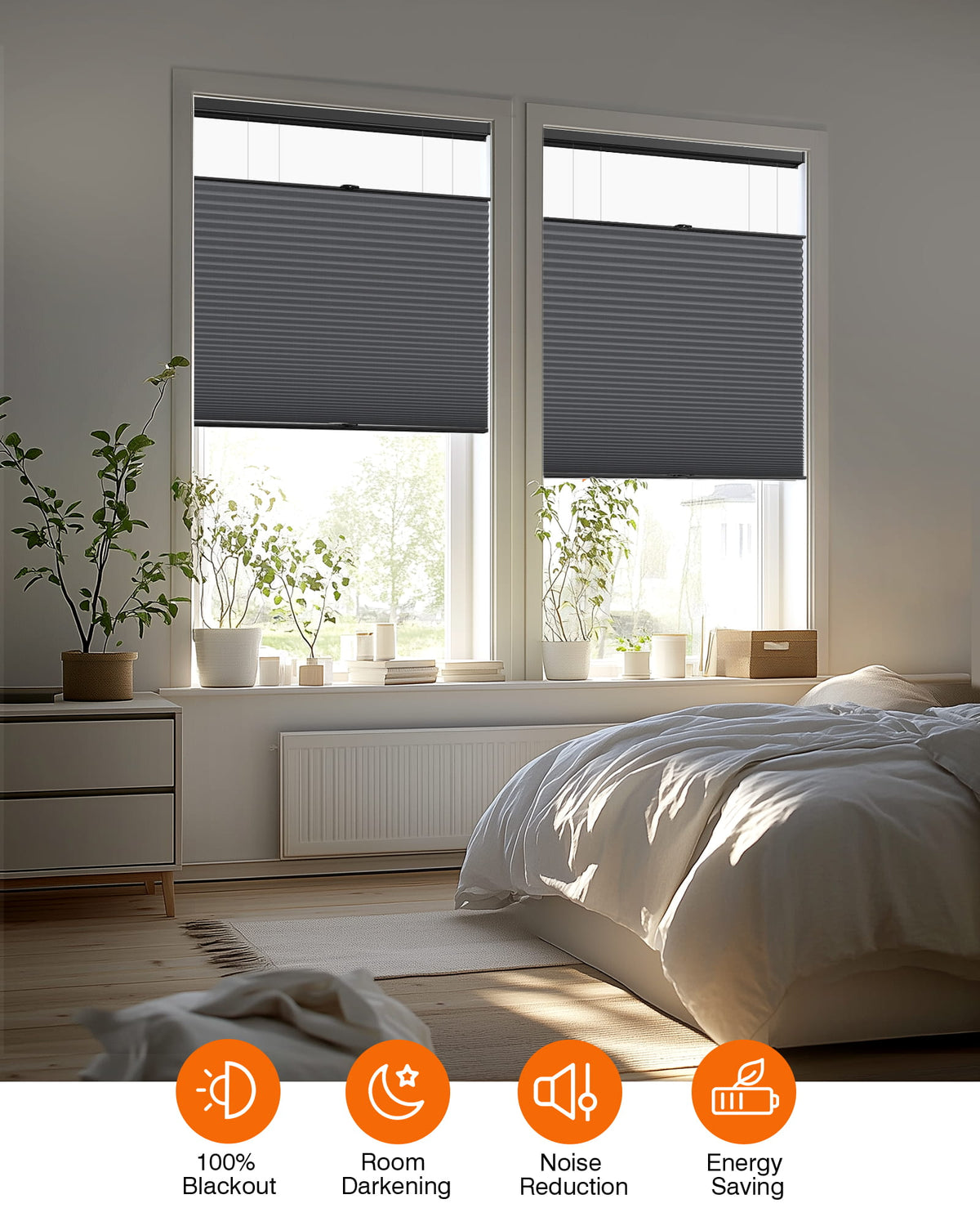 Dark gray top-down bottom-up cellular honeycomb shade: in a furnished room