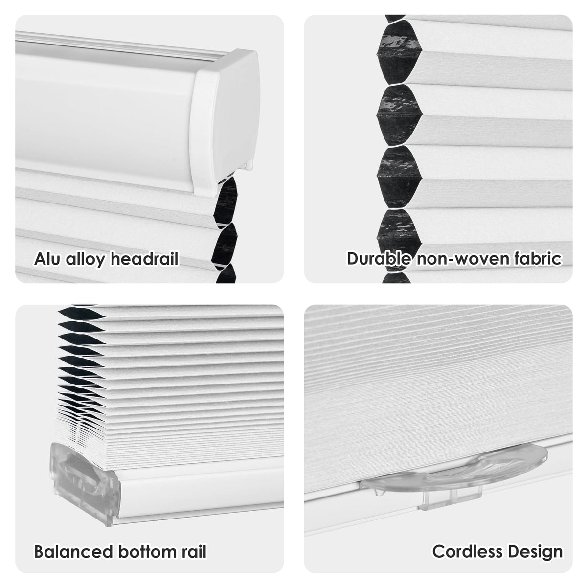 White cellular honeycomb shade: headrail, fabric and bottom rail details
