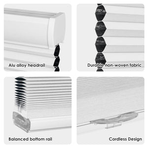 White cellular honeycomb shade: headrail, fabric and bottom rail details