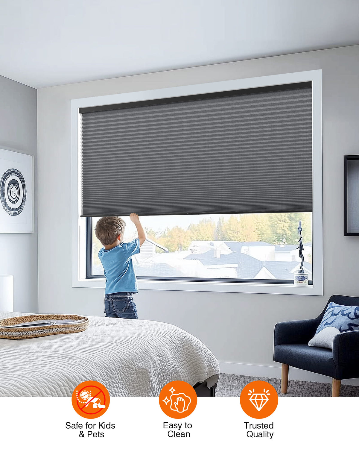 Dark gray cellular honeycomb shade: cordless lift operation