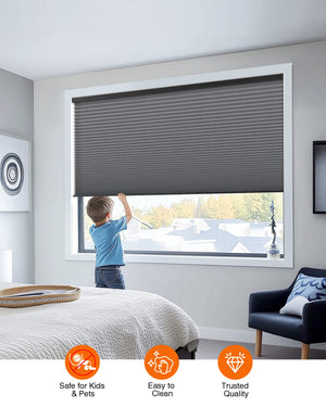 Dark gray cellular honeycomb shade: cordless lift operation