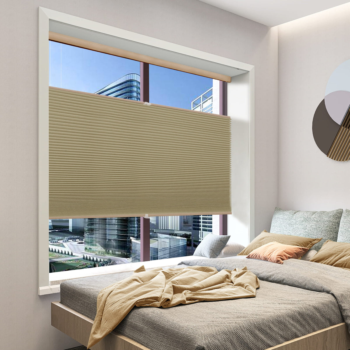 Brown top-down bottom-up cellular honeycomb shade: in a bedroom