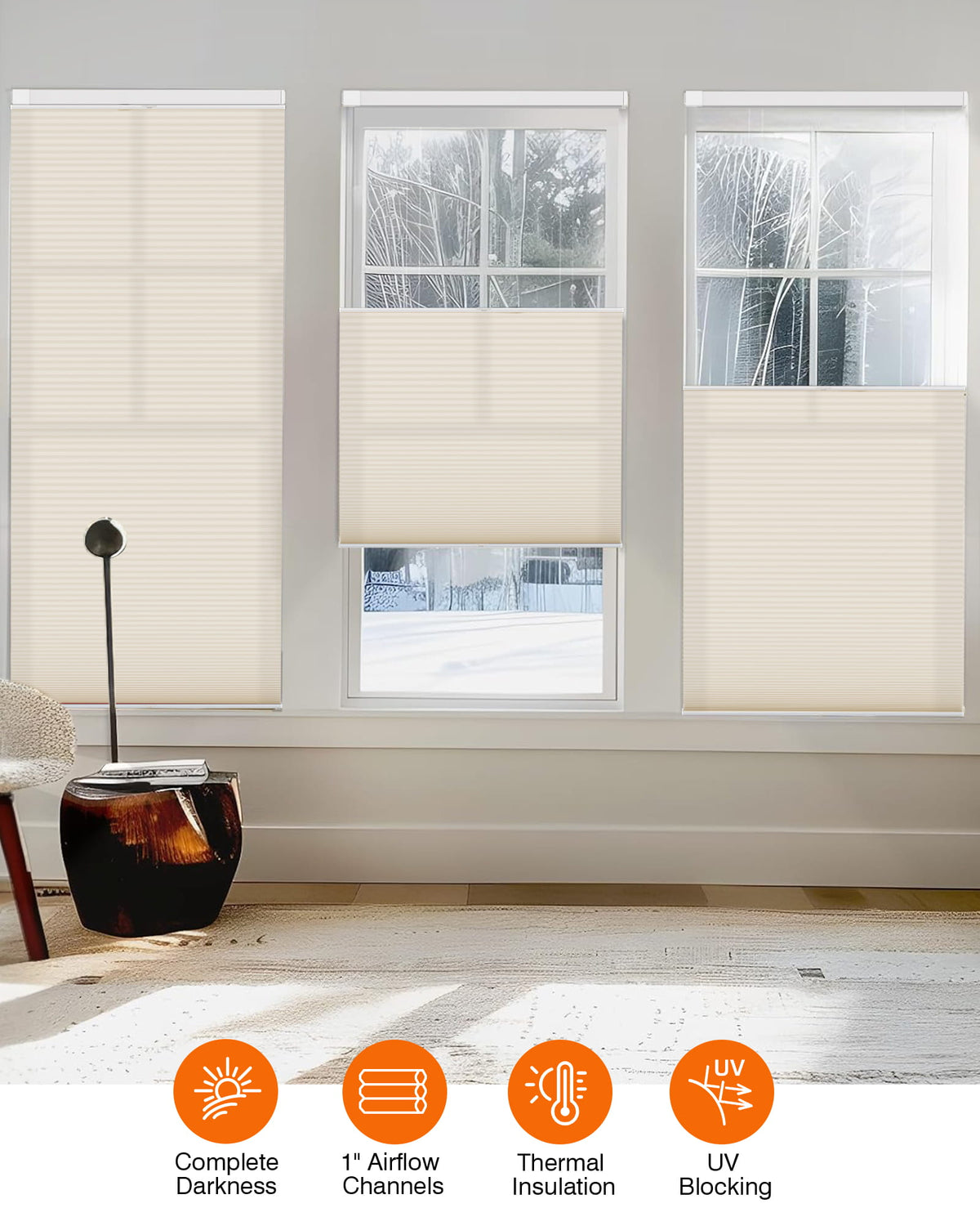 Cream top-down bottom-up no-drill cellular honeycomb shade: on paired windows