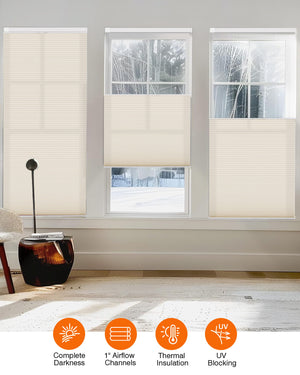 Cream top-down bottom-up no-drill cellular honeycomb shade: on paired windows