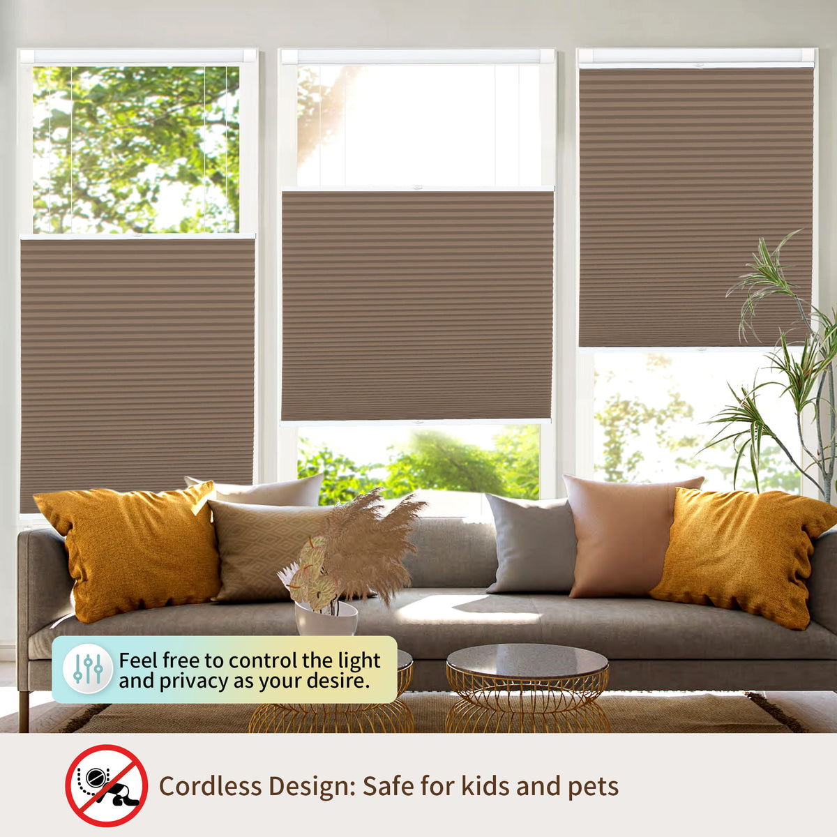 Brown top-down bottom-up no-drill cellular honeycomb shade: above a window seat