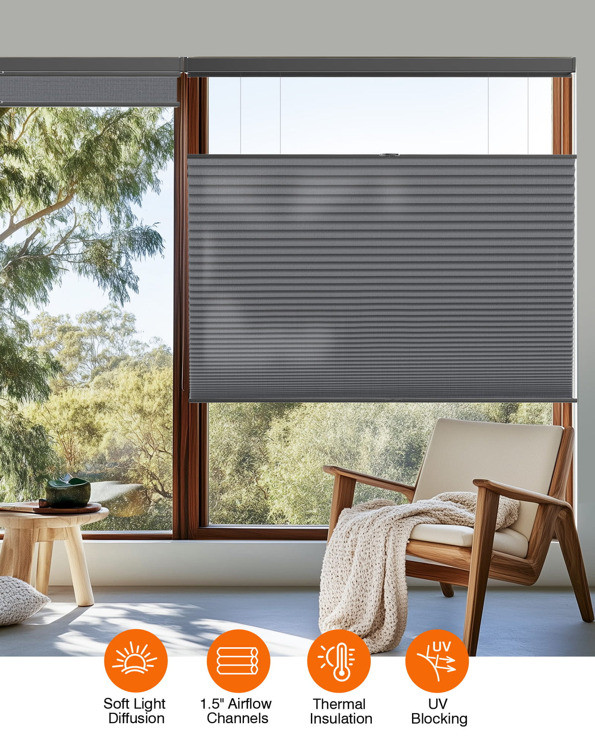 Dark gray top-down bottom-up cellular honeycomb shade: in a furnished room