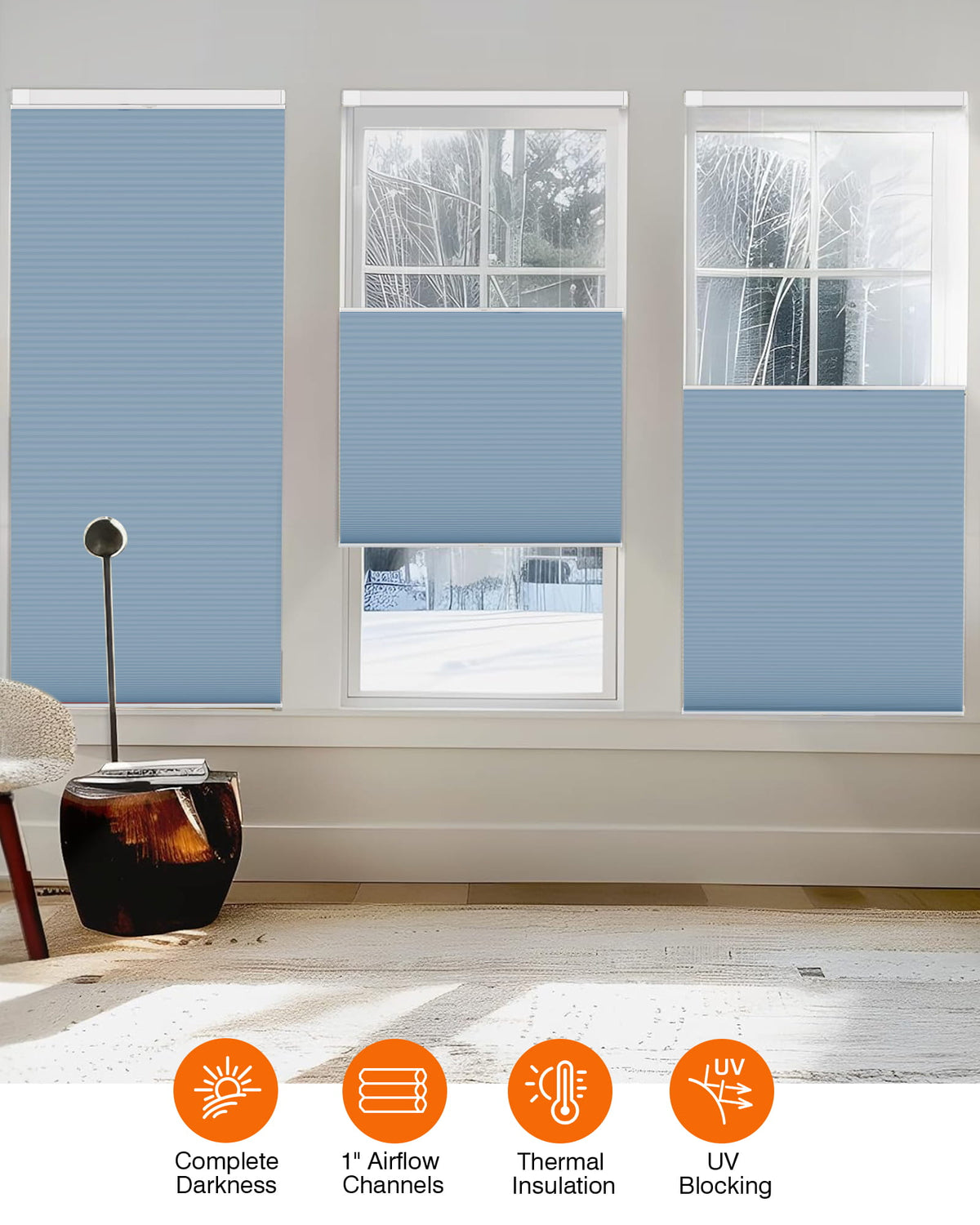 Blue top-down bottom-up no-drill cellular honeycomb shade: on paired windows