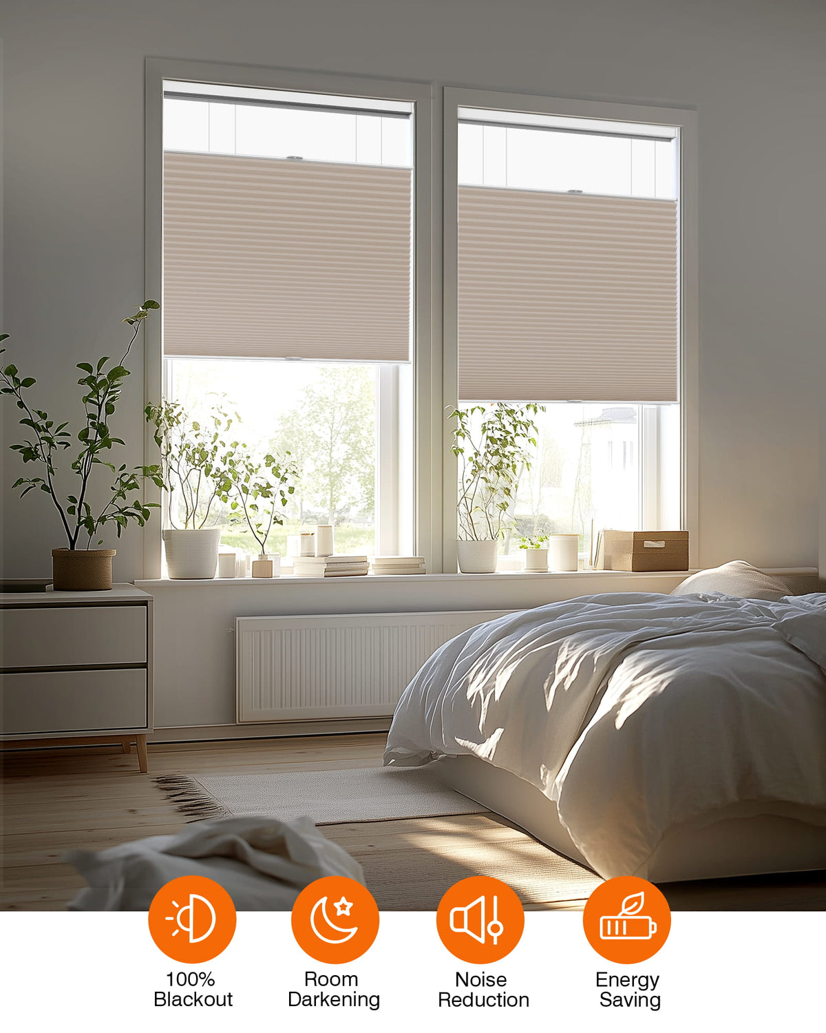 Taupe top-down bottom-up cellular honeycomb shade: in a furnished room