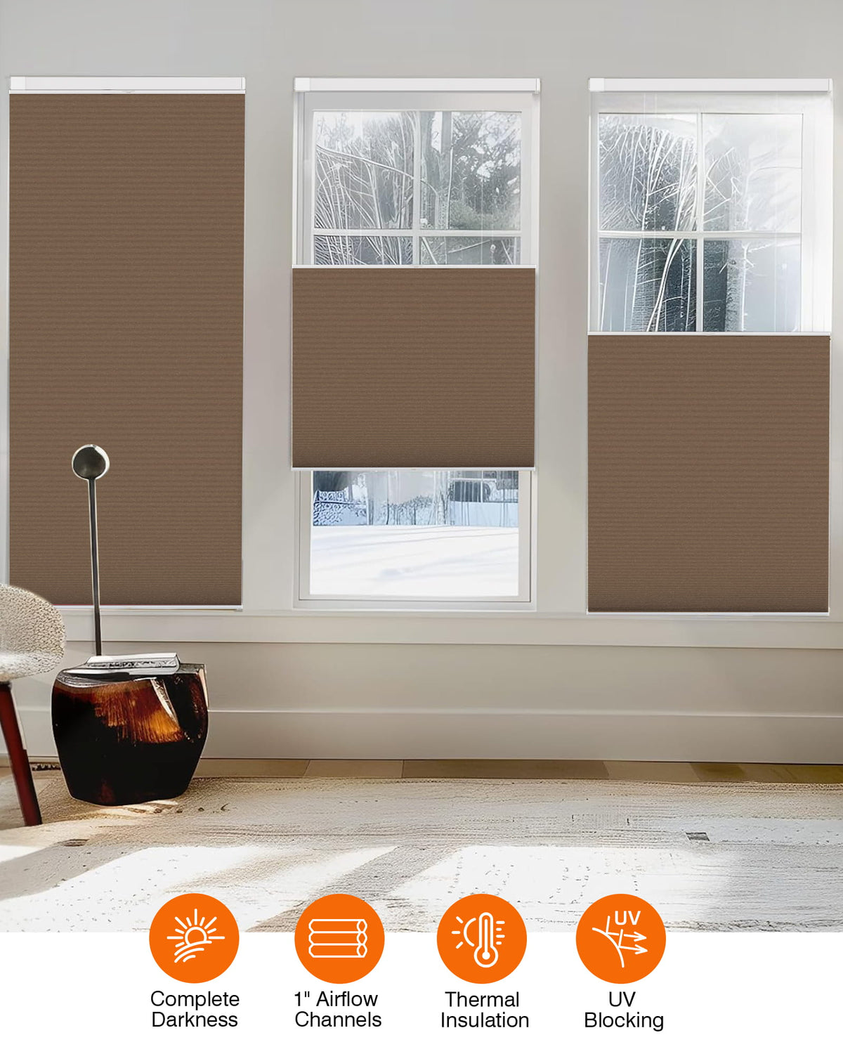 Brown top-down bottom-up no-drill cellular honeycomb shade: on paired windows