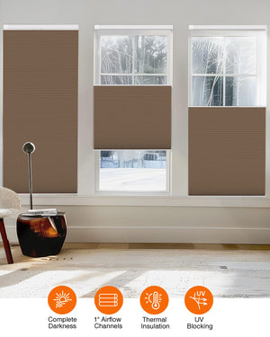 Brown top-down bottom-up no-drill cellular honeycomb shade: on paired windows