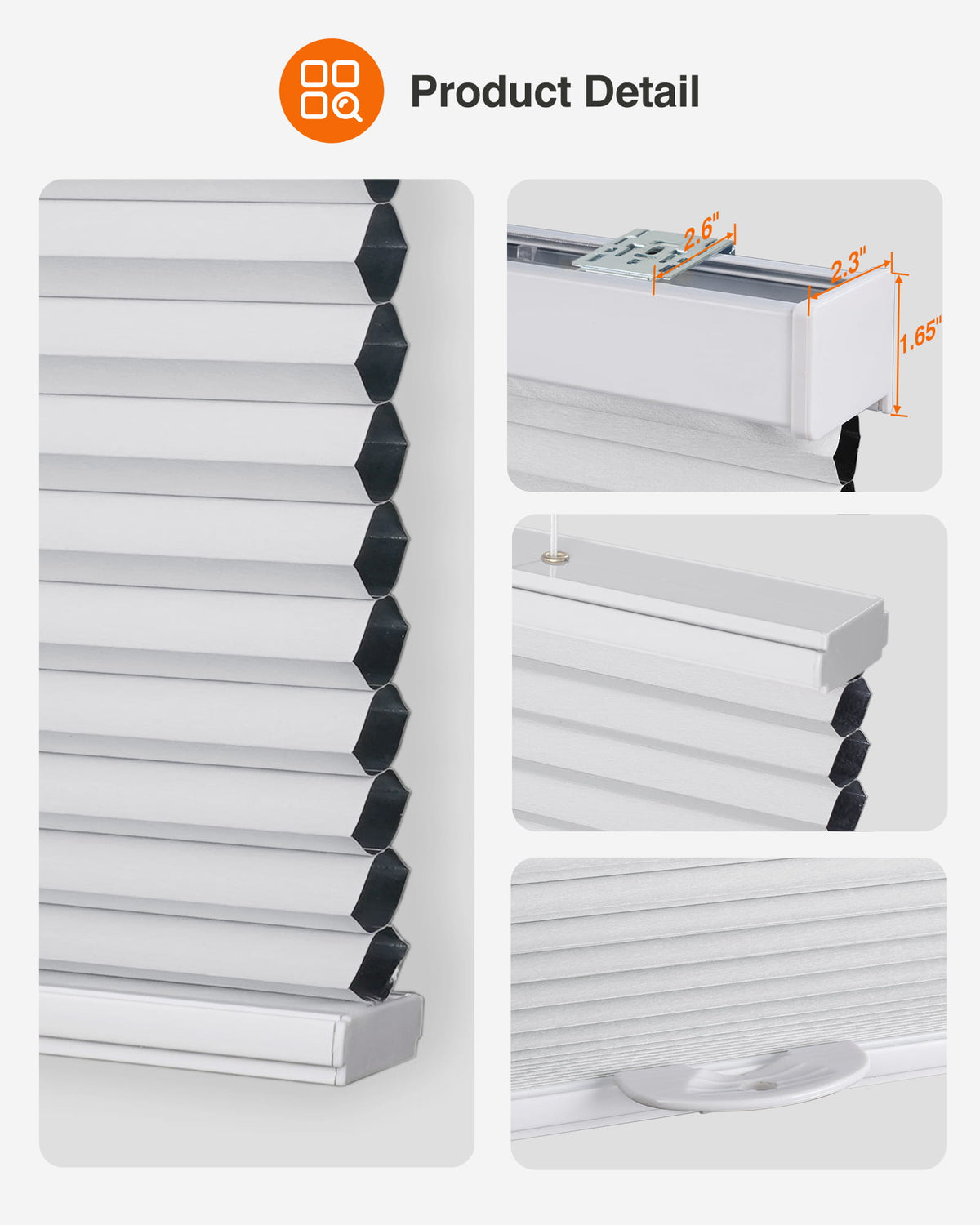 White top-down bottom-up cellular honeycomb shade: headrail, fabric and bottom rail details