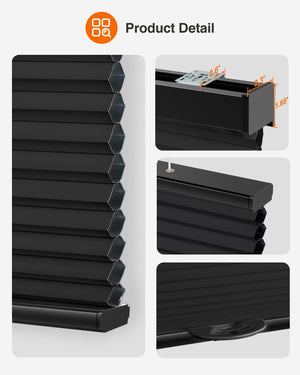 Black top-down bottom-up cellular honeycomb shade: headrail, fabric and bottom rail details