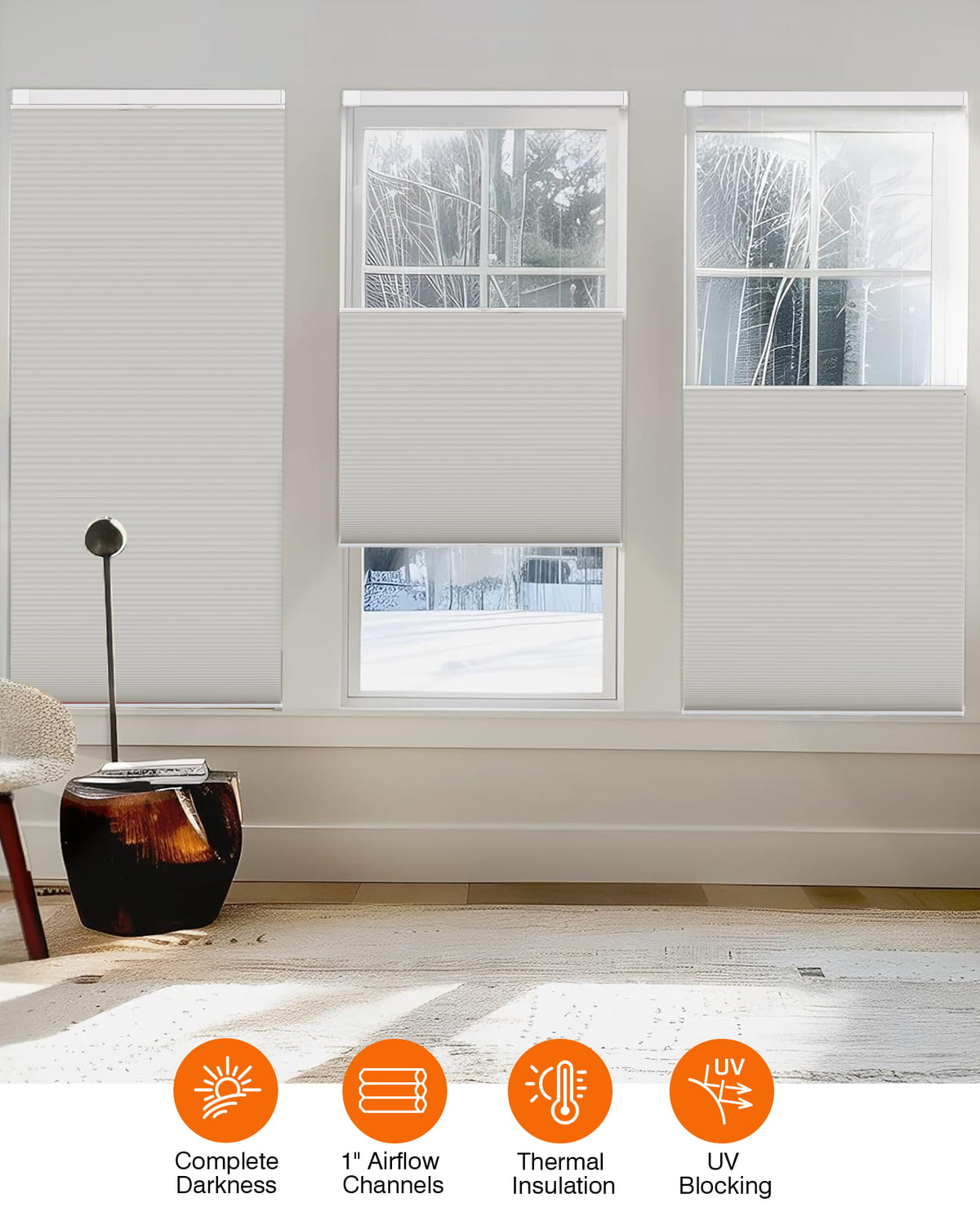 Gray top-down bottom-up no-drill cellular honeycomb shade: on paired windows