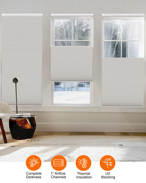 Gray top-down bottom-up no-drill cellular honeycomb shade: on paired windows