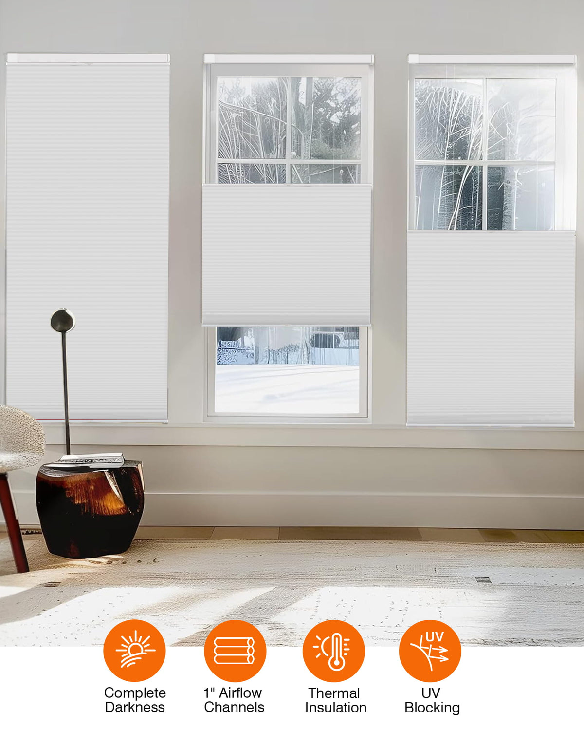 White top-down bottom-up no-drill cellular honeycomb shade: on paired windows