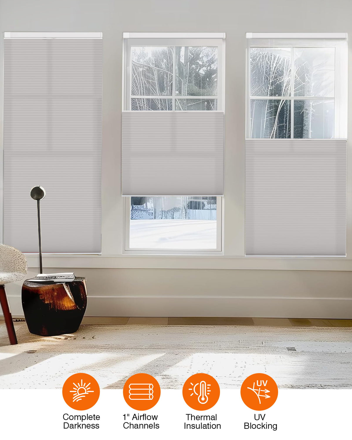 Gray top-down bottom-up no-drill cellular honeycomb shade: on paired windows
