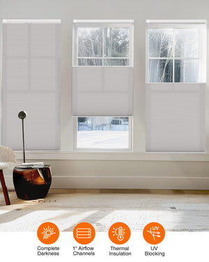 Gray top-down bottom-up no-drill cellular honeycomb shade: on paired windows