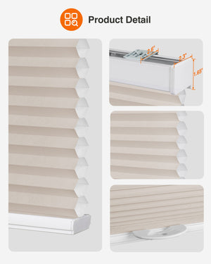 Taupe cellular honeycomb shade: headrail, fabric and bottom rail details