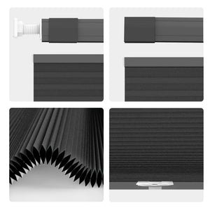 Black top-down bottom-up no-drill cellular honeycomb shade: headrail, fabric and bottom rail details