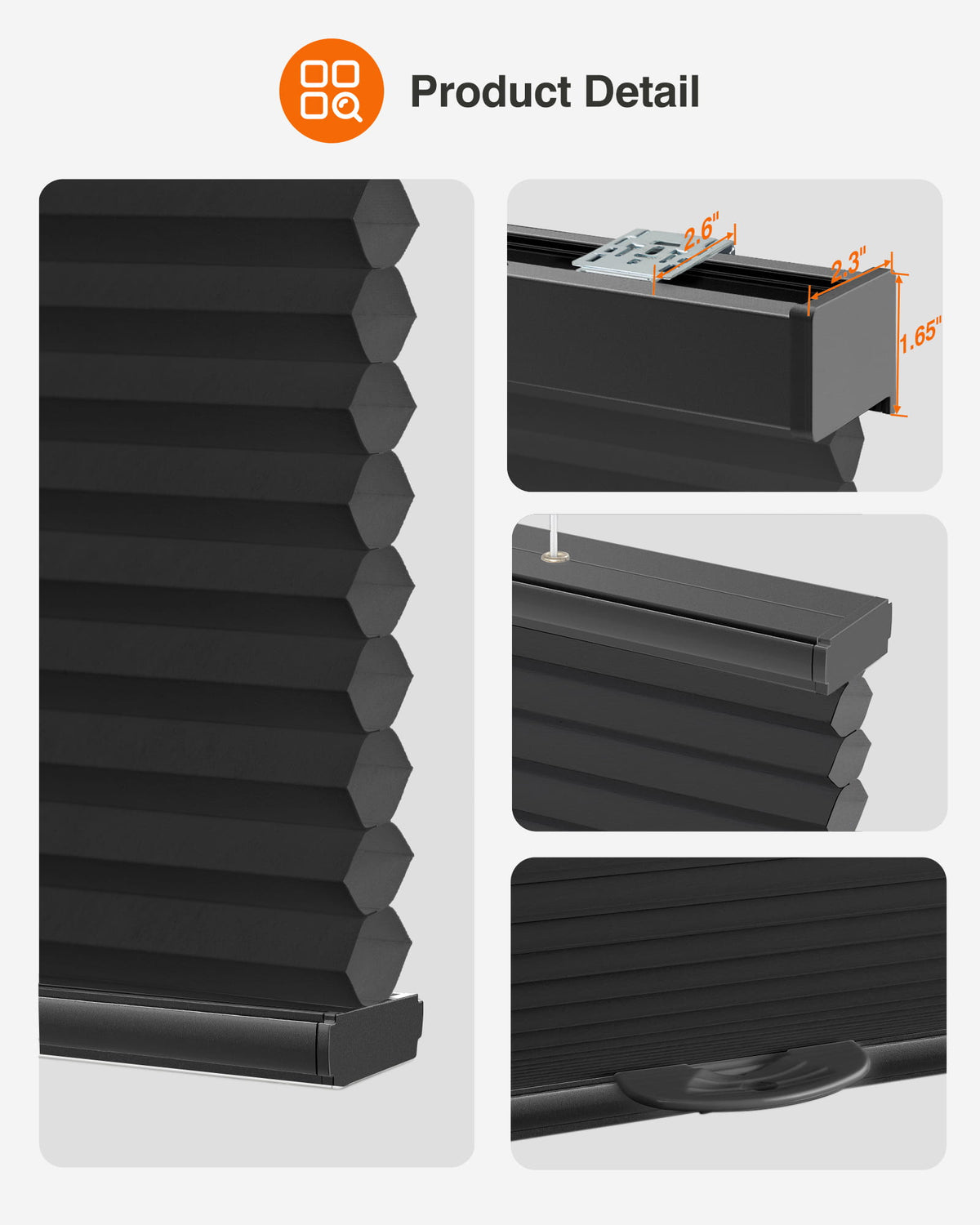 Black top-down bottom-up cellular honeycomb shade: headrail, fabric and bottom rail details