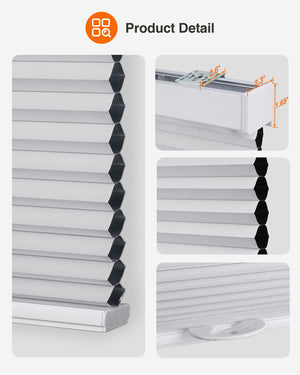 Gray cellular honeycomb shade: headrail, fabric and bottom rail details