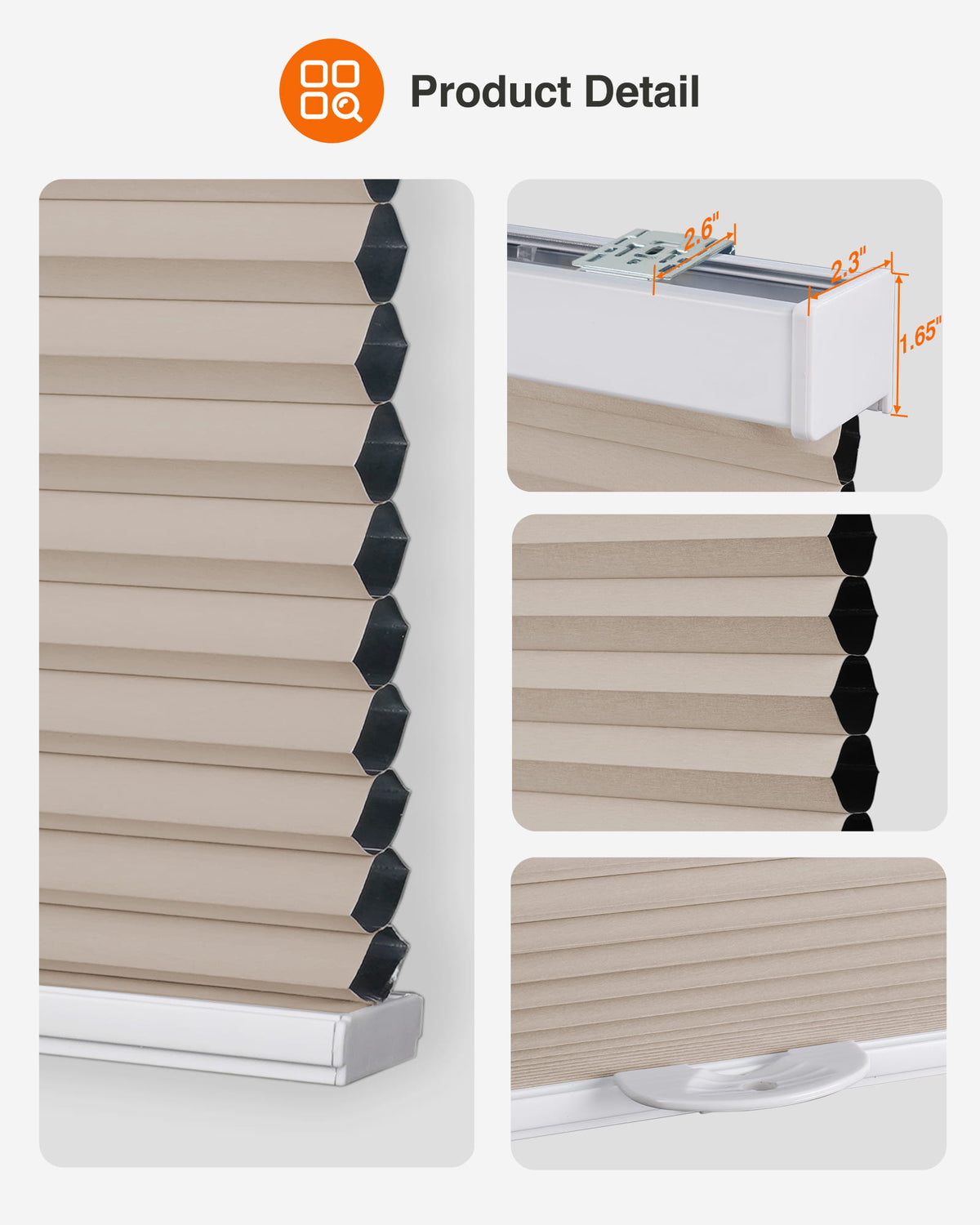 Taupe cellular honeycomb shade: headrail, fabric and bottom rail details