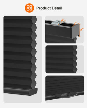 Black cellular honeycomb shade: headrail, fabric and bottom rail details