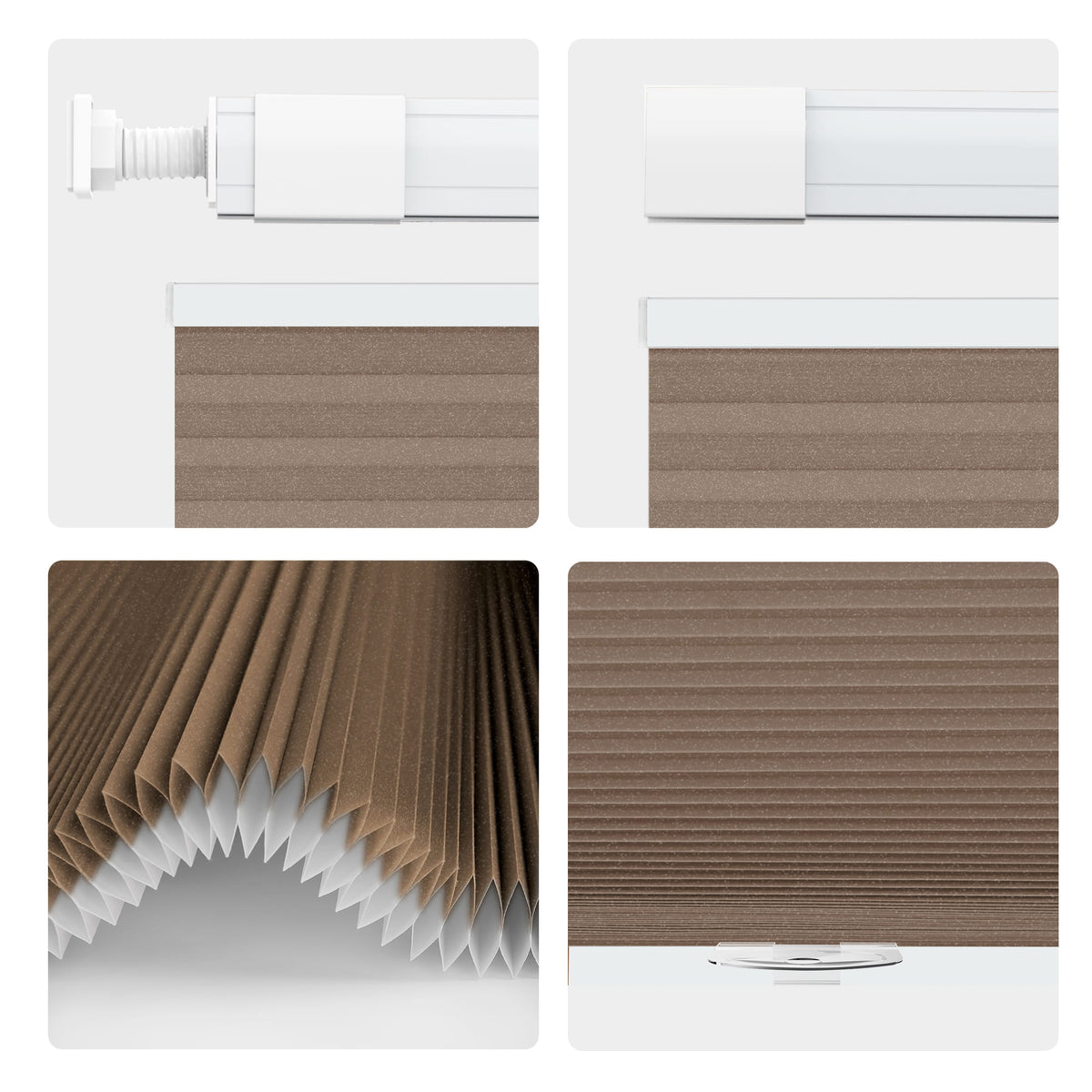 Brown top-down bottom-up no-drill cellular honeycomb shade: headrail, fabric and bottom rail details