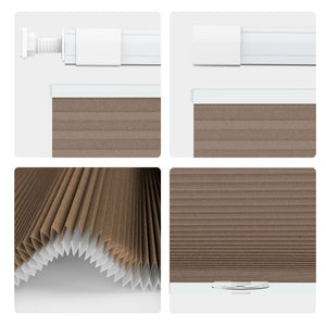 Brown top-down bottom-up no-drill cellular honeycomb shade: headrail, fabric and bottom rail details